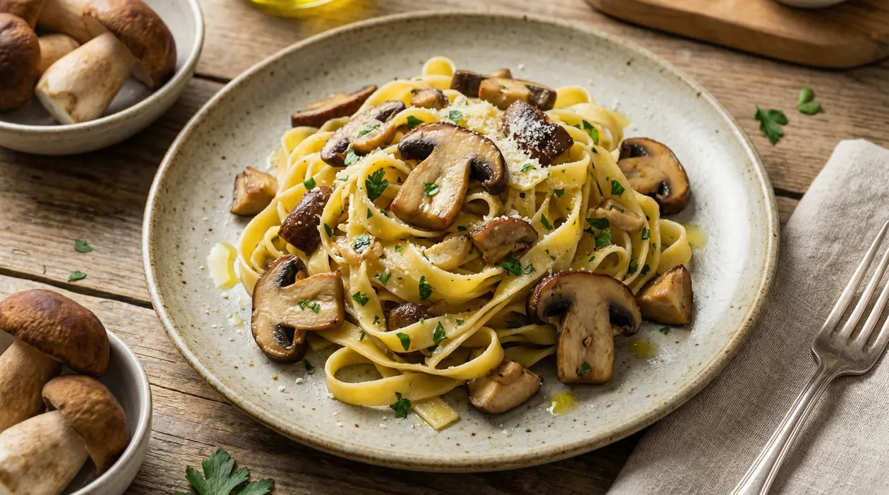 Piatto di tagliatelle ai funghi porcini freschi servito su un tavolo rustico