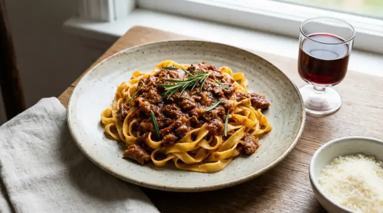 Piatto di tagliatelle al ragù di anatra servito con vino rosso e formaggio grattugiato