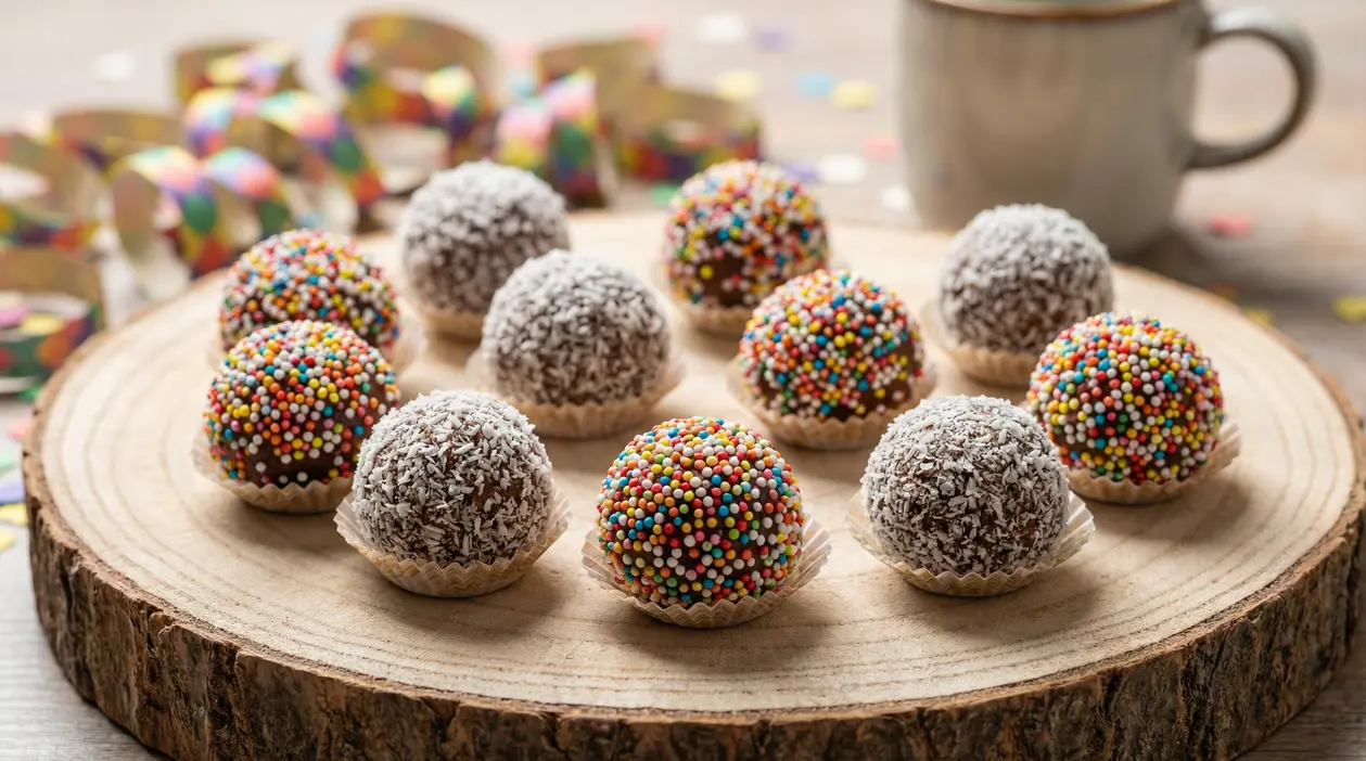 Tartufini dolci decorati con codette colorate e cocco su base di legno, ideali per Carnevale