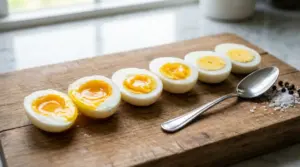 Uova sode tagliate a metà con diversi gradi di cottura su un tagliere di legno