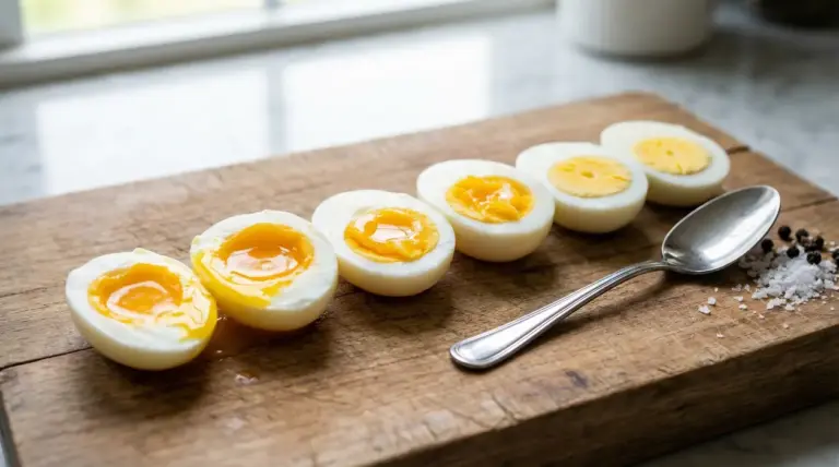 Uova sode tagliate a metà con diversi gradi di cottura su un tagliere di legno