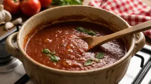 Pentola di sugo di pomodoro che cuoce lentamente con basilico fresco