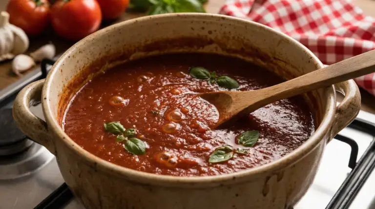 Pentola di sugo di pomodoro che cuoce lentamente con basilico fresco