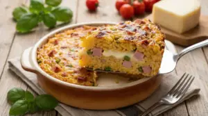 Fetta di timballo di riso al forno con provola, prosciutto e piselli servita in una teglia di ceramica