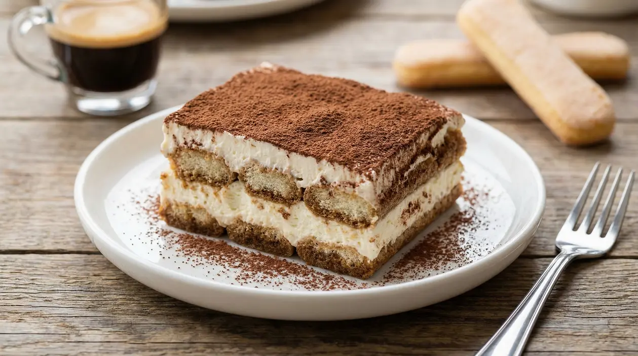 Fetta di tiramisù alla crema su piatto bianco con spolverata di cacao