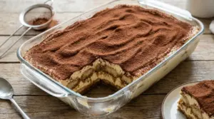 Tiramisù fatto in casa in una teglia di vetro con una porzione servita su un piatto