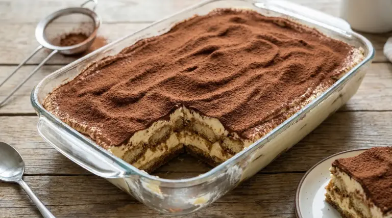 Tiramisù fatto in casa in una teglia di vetro con una porzione servita su un piatto