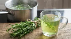 Tisana al rosmarino con rametti freschi e pentola sullo sfondo