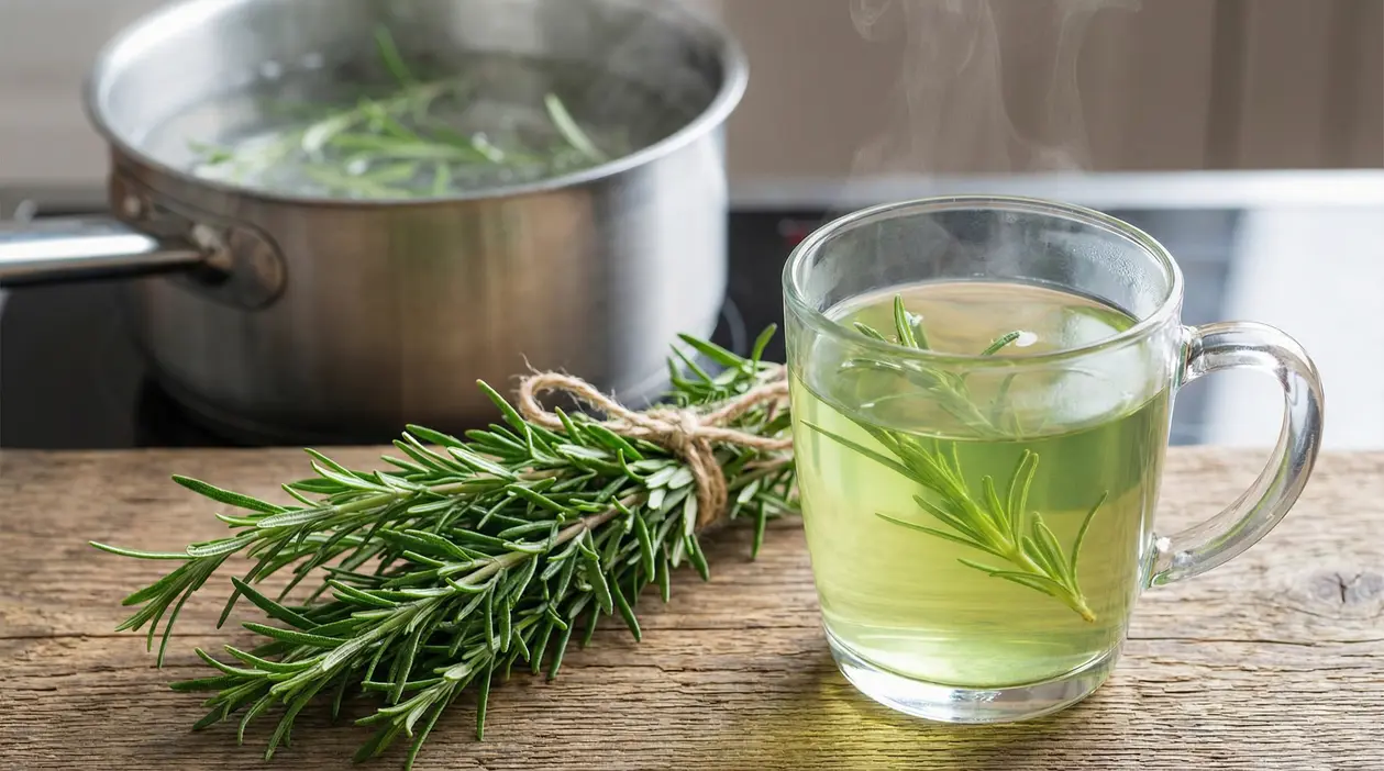 Tisana al rosmarino con rametti freschi e pentola sullo sfondo