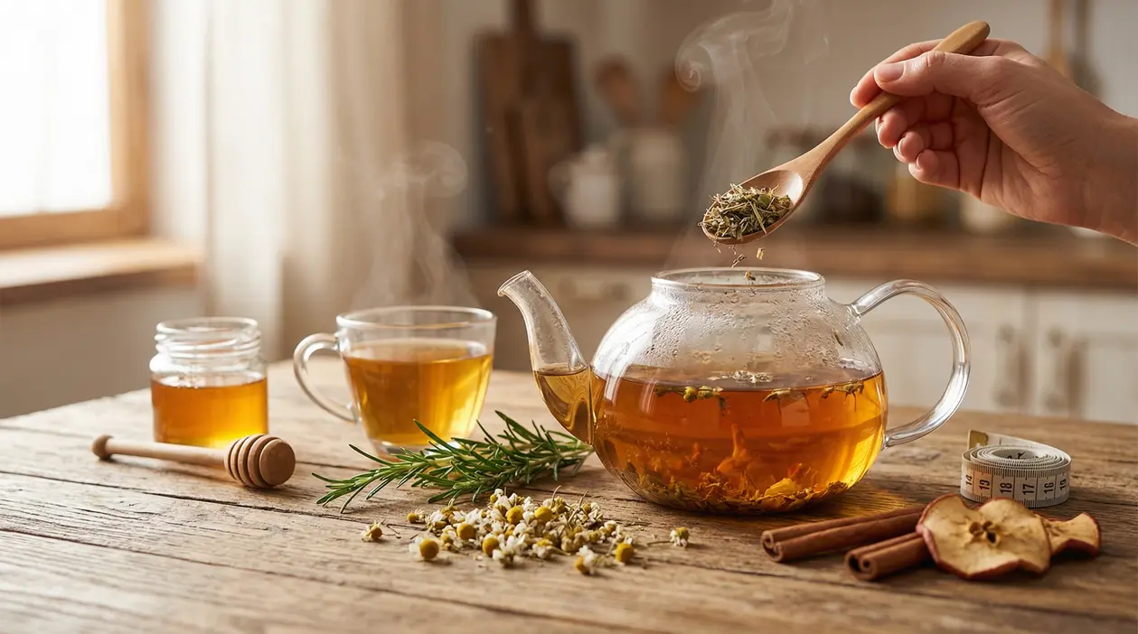 Infusione di tisana in una teiera con erbe, miele e spezie su un tavolo di legno