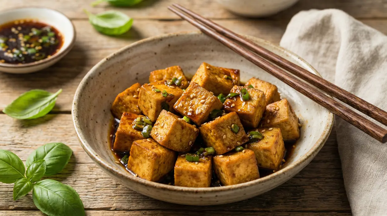Ciotola con cubetti di tofu marinato serviti con salsa e guarnizioni