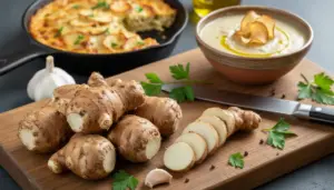 Topinambur interi e a fette su tagliere con coltello, crema di topinambur e tortino di patate sullo sfondo