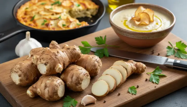 Topinambur interi e a fette su tagliere con coltello, crema di topinambur e tortino di patate sullo sfondo