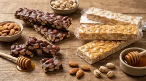 Barrette di torrone siciliano alle mandorle, con miele e frutta secca su tavolo di legno