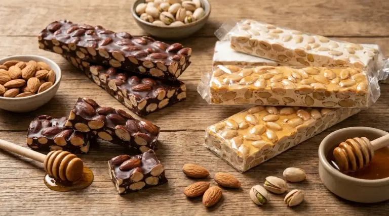 Barrette di torrone siciliano alle mandorle, con miele e frutta secca su tavolo di legno