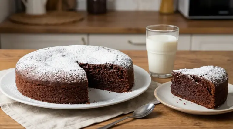 Torta al cioccolato soffice con zucchero a velo su un tavolo di legno, accompagnata da un bicchiere di latte