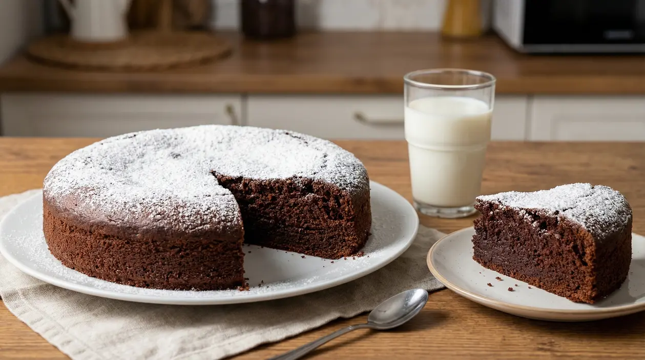 Torta al cioccolato soffice con zucchero a velo su un tavolo di legno, accompagnata da un bicchiere di latte