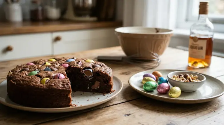 Torta al cioccolato decorata con ovetti colorati su un tavolo rustico con ingredienti