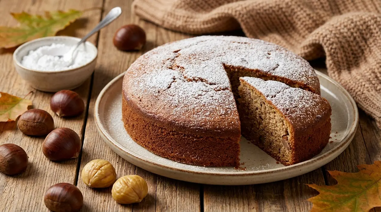 Torta di castagne soffice con zucchero a velo, una fetta tagliata su piatto, con castagne su tavolo di legno