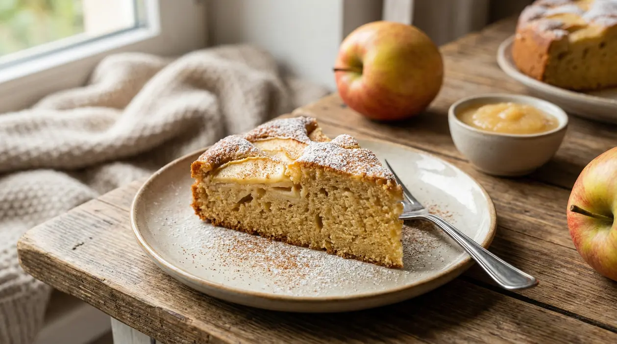 Fetta di torta di mele su un piatto con forchetta, posata su un tavolo rustico