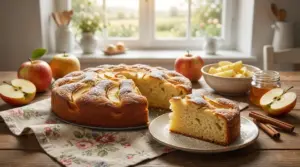 Torta di mele soffice con una fetta tagliata, mele fresche e zucchero a velo su tavolo di cucina rustica