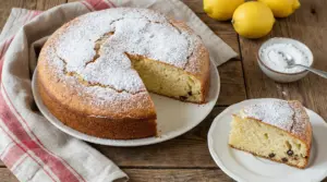 Torta di ricotta light soffice con zucchero a velo, con una fetta servita su piatto su tavolo di legno