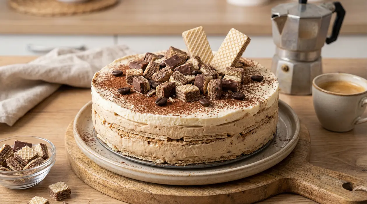 Torta fredda wafer e caffè decorata con pezzetti di wafer e cacao su un piatto di legno