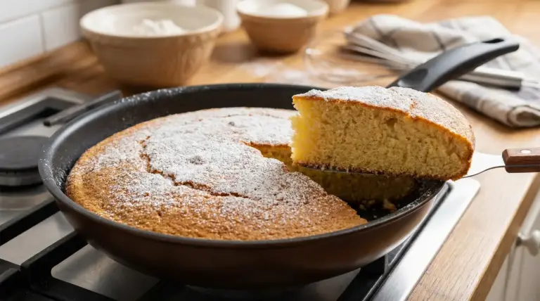 Torta soffice cotta in padella e spolverata con zucchero a velo, con una fetta sollevata.