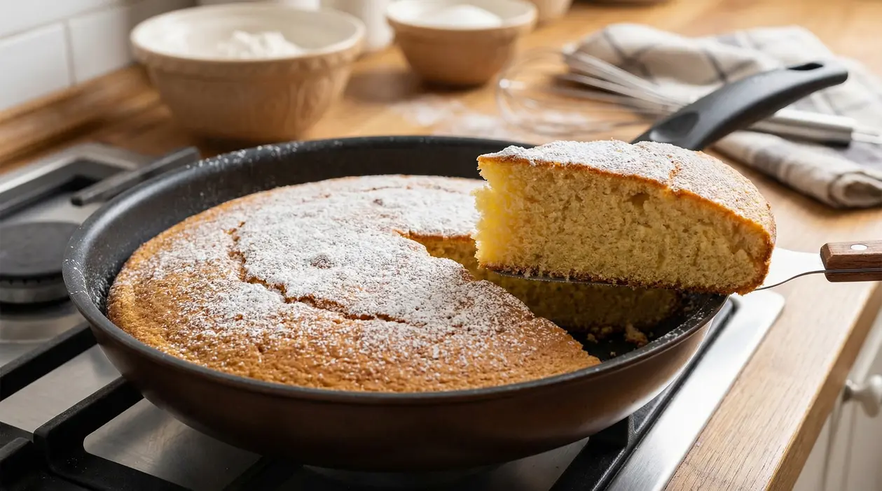 Torta soffice cotta in padella e spolverata con zucchero a velo, con una fetta sollevata.