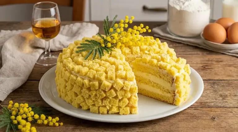 Torta mimosa farcita con crema e decorata con cubetti di pan di Spagna, servita su un piatto