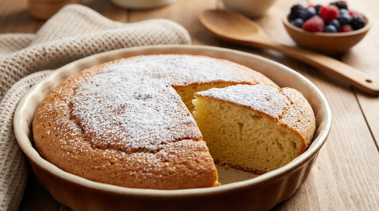 Torta soffice con zucchero a velo in una teglia di ceramica su un tavolo di legno