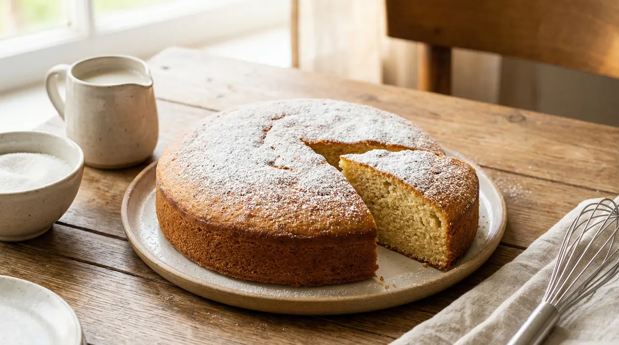 Torta soffice senza latte spolverata di zucchero a velo su un piatto di ceramica su tavolo rustico