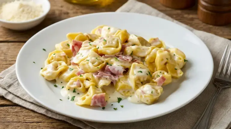 Tortellini panna e prosciutto serviti su un piatto bianco con crema e prezzemolo