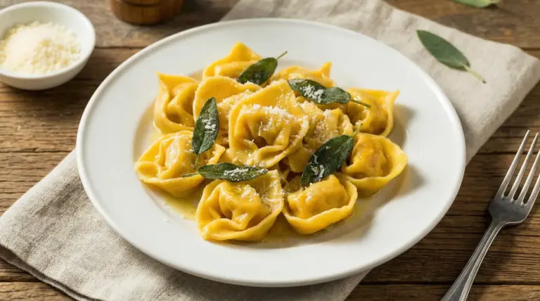 Tortelloni di zucca con burro e salvia serviti su un piatto bianco di ceramica