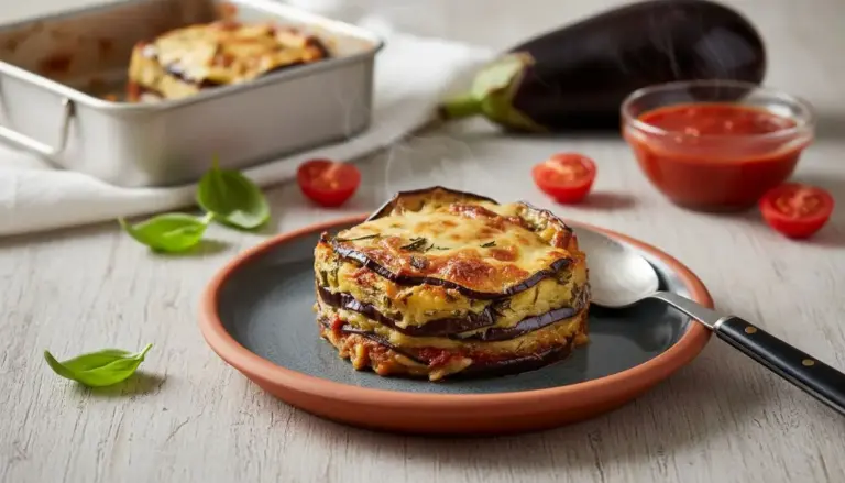 Tortino di melanzane monoporzione servito su un piatto con sfondo di ingredienti freschi