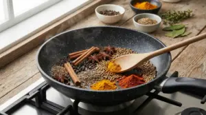 Spezie intere e in polvere tostate in padella su fornello con cucchiaio di legno