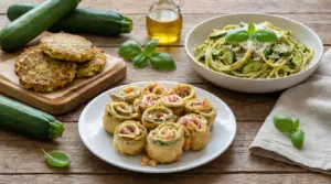 Tre piatti a base di zucchine: frittelle, rotolini con prosciutto e pasta con zucchine