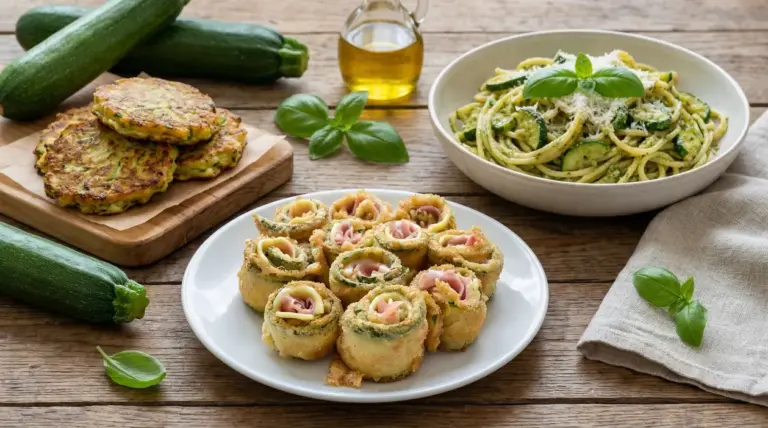 Tre piatti a base di zucchine: frittelle, rotolini con prosciutto e pasta con zucchine