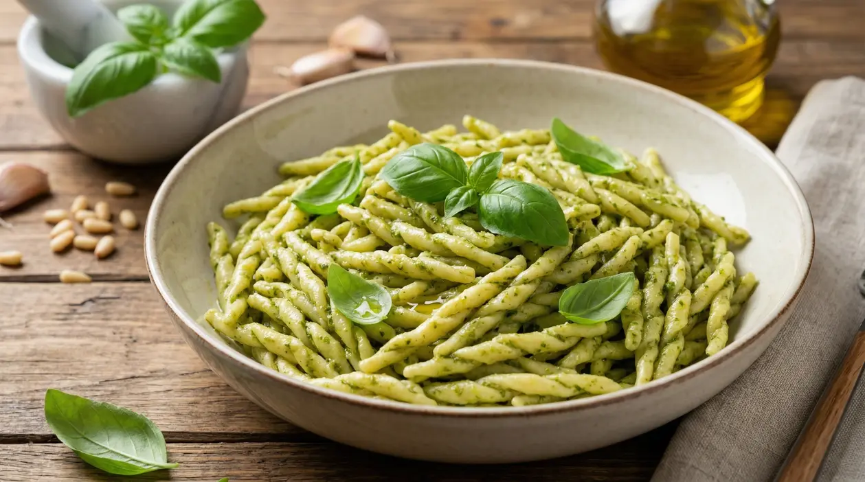 Piatto di trofie al pesto genovese con foglie di basilico fresco