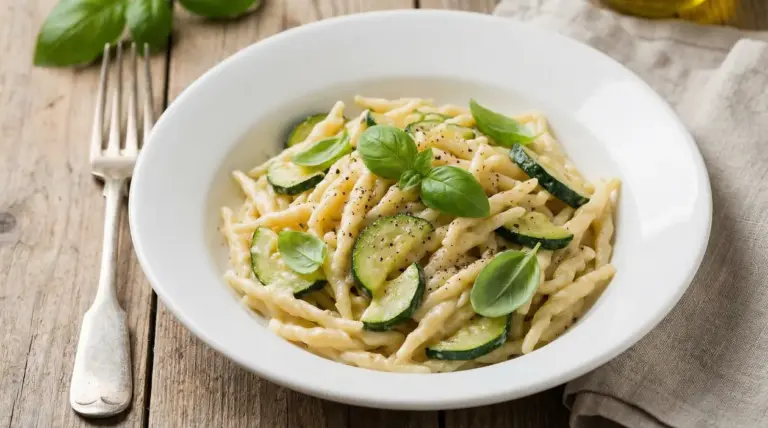 Piatto di trofie con zucchine, crema e foglie di basilico fresco