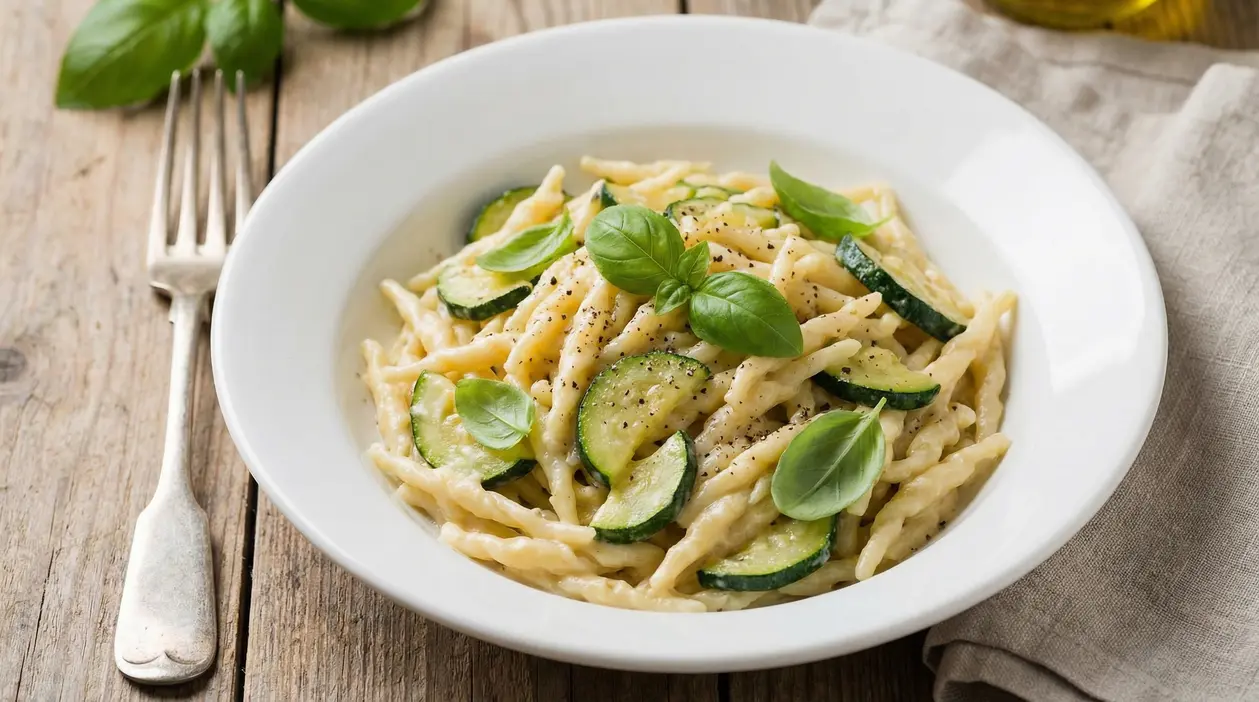 Piatto di trofie con zucchine, crema e foglie di basilico fresco