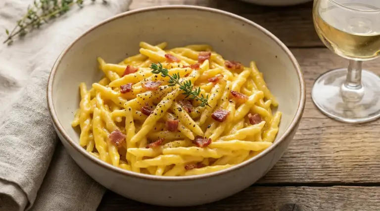 Trofie con panna, speck e zafferano servite in una ciotola di ceramica su tavolo rustico