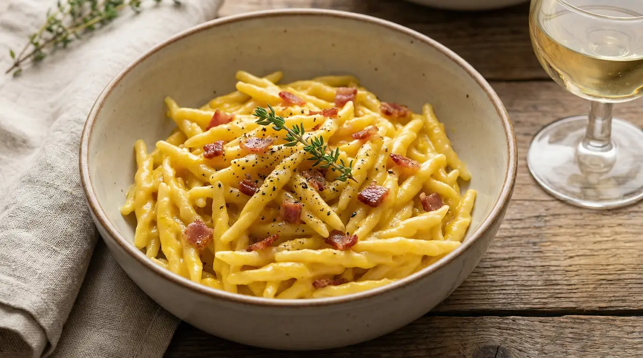 Trofie con panna, speck e zafferano servite in una ciotola di ceramica su tavolo rustico