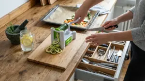 Persona usa uno spiralizzatore per tagliare una zucchina su tagliere, con coltello e teglia di verdure sul piano cucina