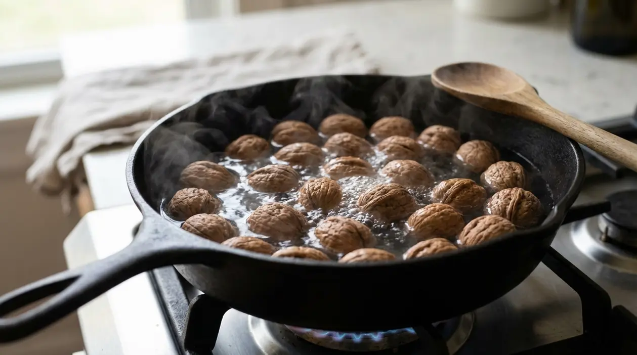 Noci in guscio immerse in acqua bollente in una padella sul fornello, con vapore che sale