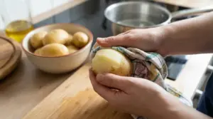 Mani che sbucciano una patata lessa con l'aiuto di un canovaccio in cucina