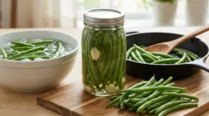 Barattolo di vetro con fagiolini in salamoia su tagliere, con fagiolini freschi e una ciotola con acqua e ghiaccio