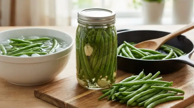 Barattolo di vetro con fagiolini in salamoia su tagliere, con fagiolini freschi e una ciotola con acqua e ghiaccio