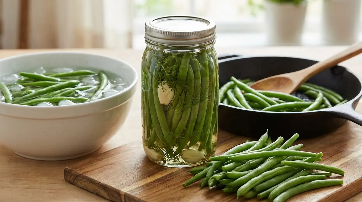 Barattolo di vetro con fagiolini in salamoia su tagliere, con fagiolini freschi e una ciotola con acqua e ghiaccio