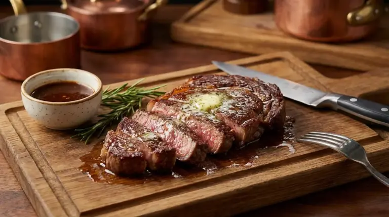 Bistecca succosa e tenera affettata su tagliere di legno con burro, salsa e rosmarino
